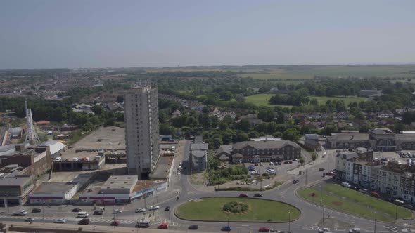 Aerial crane up shot of Margate Kent town outskirts and Arlington House