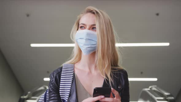 Caucasian woman wearing a coronavirus Covid19 mask