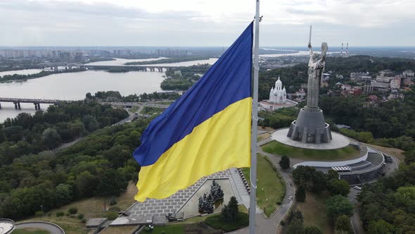 Kyiv - National Flag of Ukraine By Day. Aerial View. Kiev. Slow Motion