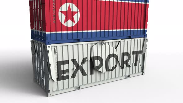 Container with EXPORT Text Crashed with Container with Flag of North Korea
