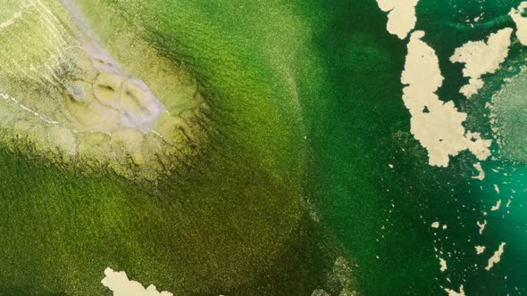 Abstract Emerald Gold Ink Spreads in Waves Closeup