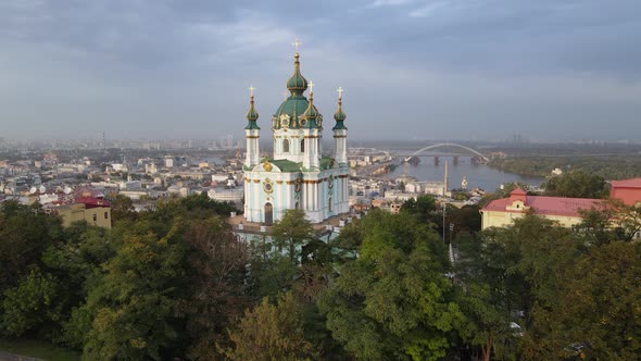 Kyiv, Ukraine Aerial View in Autumn : St. Andrew's Church. Kiev