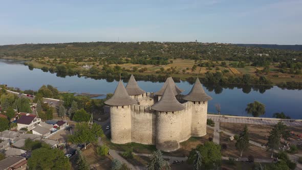 Aerial Dolly Out Shot of Medieval Fort in Soroca Republic of Moldova