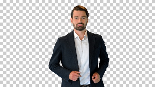 Handsome running businessman looking to camera, Alpha Channel