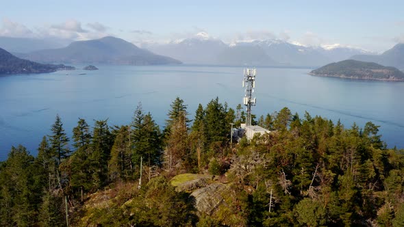 Communication Tower On Hilltop Overlooking Howe Sound In Horseshoe Bay, West Vancouver, Canada. aeri