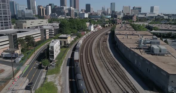 Atlanta Aerial View Including Railroad and Trains.  4k 60fps.