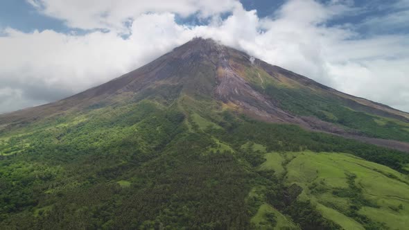 Closeup Philippines Volcano Top Erupt Clouds of Haze Aerial