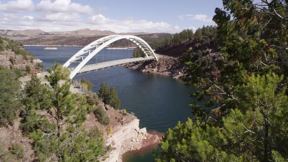 Slow pan from right to left of Cart Creek Bridge at Flaming Gorge in Utah.