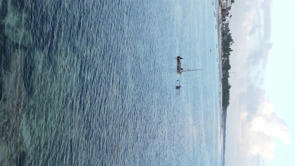 Vertical Video Boats in the Ocean Near the Coast of Zanzibar Tanzania Aerial View