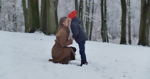 A Little Boy And His Mother Are Walking In A Snowy Park. The Boy Kisses His Mother Tenderly