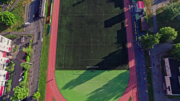 Aerial Drone of a Small Stadium Camera Down