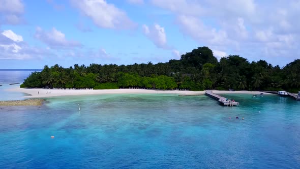 Drone nature of exotic shore beach time by blue water and sand background