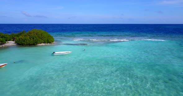 Beautiful fly over abstract shot of a paradise sunny white sand beach and blue ocean background