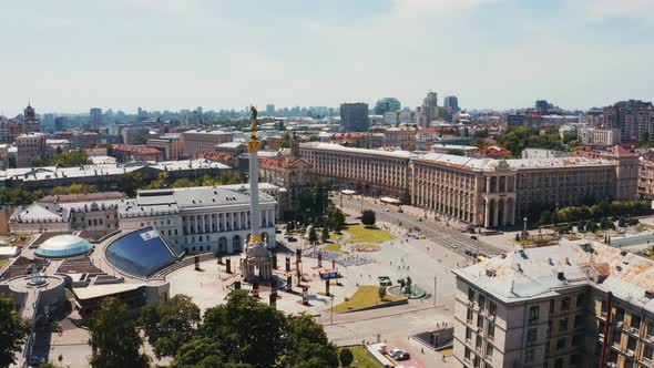 Aerial View of the Kyiv Ukraine Above Maidan Nezalezhnosti Independence Monument