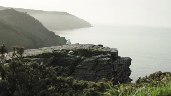 A religious nun sat on a Rock cliff overlooking the sea - Valley of the Rocks, England - Wide