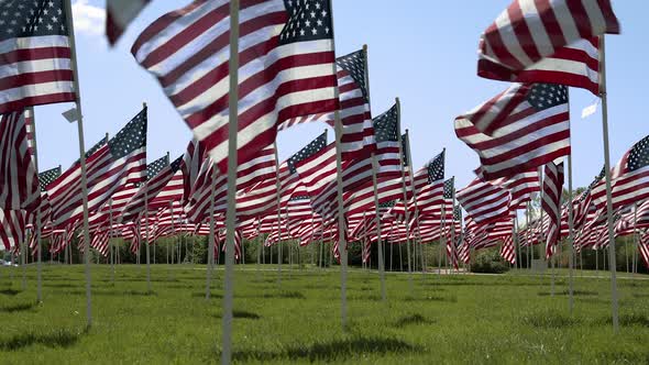 Low angle view of American Flags waving in the wind