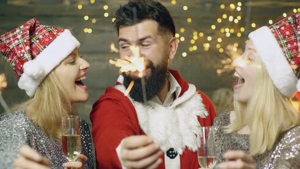 Portrait of Group Smiling Friends on Christmas Background. Friendly People in Santa Caps Toasting