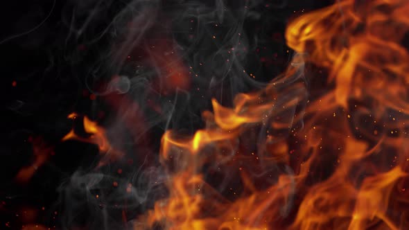 Super Slow Motion Shot of Fire, Smoke and Sparks Isolated on Black Background at 1000Fps.