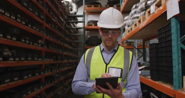 Caucasian male factory worker at a factory wearing a high vis vest using a tablet computer