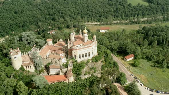 Aerial Drone Panoramic View of the Rocchetta Mattei Castle in Italy on Sunny Summer Day View From