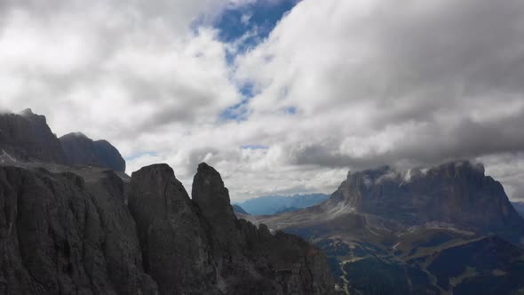 Aerial View of the Paso Gardena Pass in the Province of Bolzano. Dolomites. Flying Near the Sella