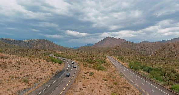 Adventure traveling desert road panoramic view of the asphalt highway across