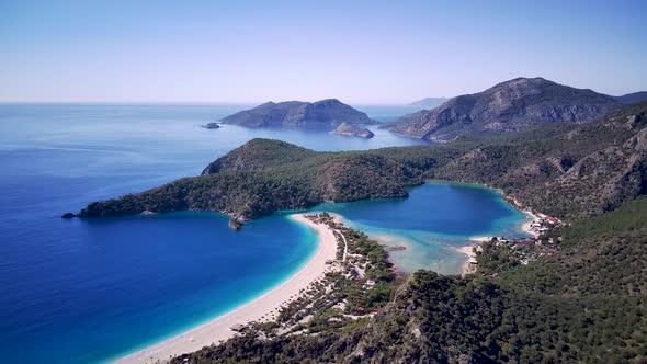 Amazing beautiful panoramic view from drone of Oludeniz Blue lagoon beach in Fethiye in Mugla