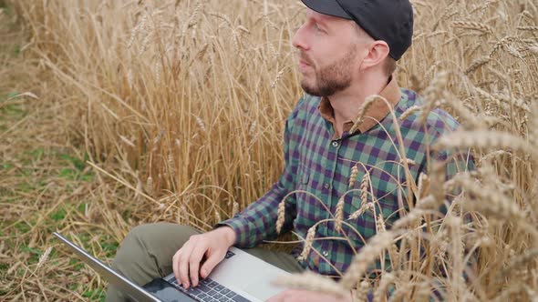 Man Ecologist Sits in a Field and Works at a Laptop Remote Work and Selfisolation in Nature Texting