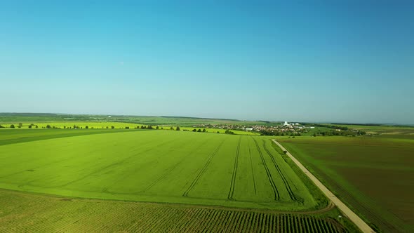 Aerial Footage Over Lush Green Fields With Beautiful Blue Sky New Moon and Small Town in the Distanc