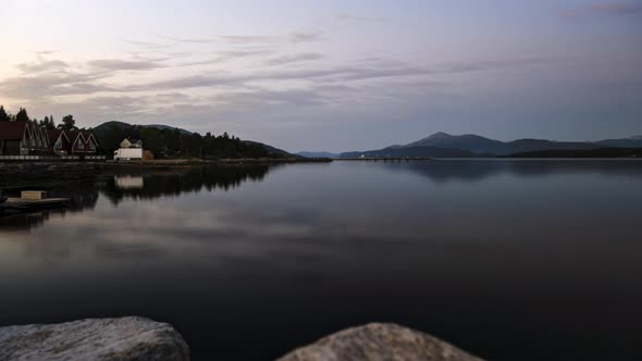 Push-In Timelapse of Norwegian Fjord during Sunset (Molde, Campground)