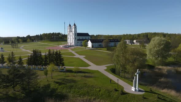 Beautiful Aerial View of the White Chatolic Church Basilica in Latvia Aglona alt