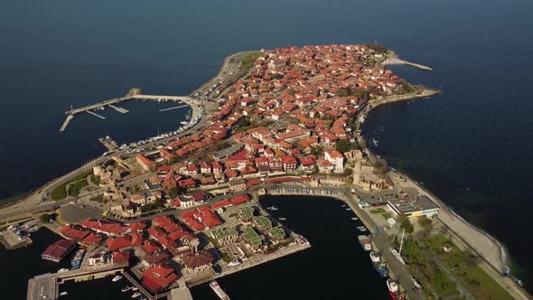 Aerial View of Nesebar Ancient City on the Black Sea Coast of Bulgaria