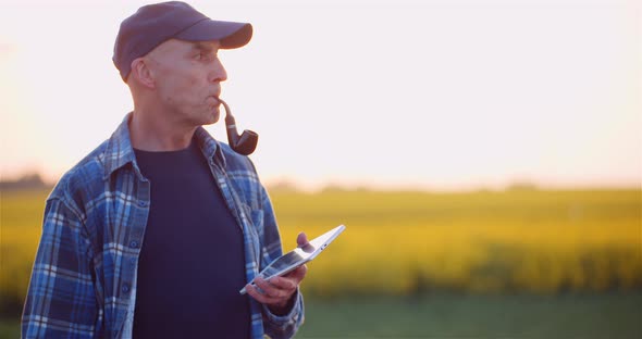 Senior Farmer Using Digital Tablet Computer While Smoking Pipe at Farm Looking at Agriculture Field