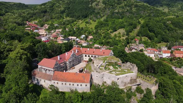 Aerial view of the castle in the town of Modry Kamen in Slovakia