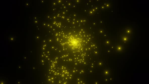 Emergence and spread of yellow particles from center. Explosion of elementary