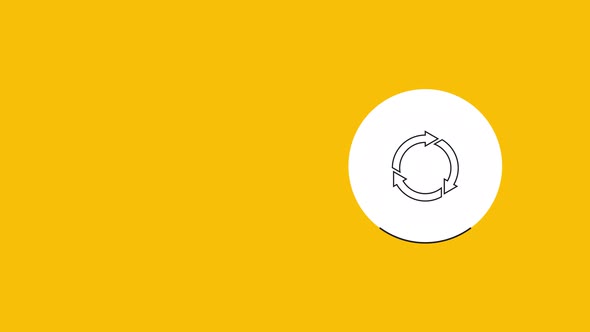 Round recycling symbol in white circle on a yellow background. Seamless loop dynamic symbol rolling