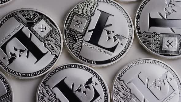 Rotating shot of Litecoin Bitcoins 