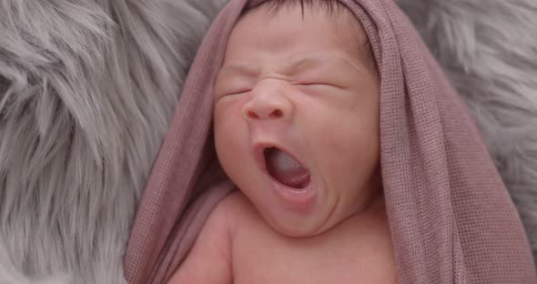 Lovely Asian Newborn Baby Yawning.