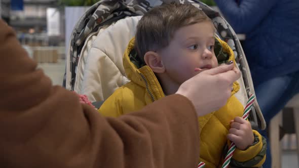 Mom feeds a little boy in a stroller with ice cream in a cafe