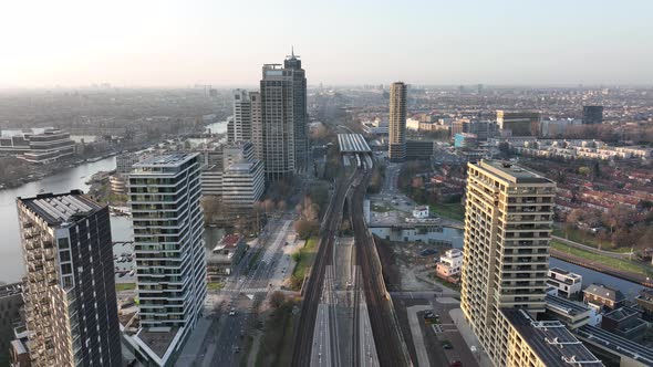 Amsterdamn Amstel Urban City Aerial Drone View Transportation and Urban Residential Construction