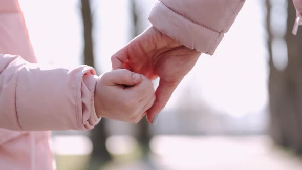 Mother's and Kid's Hands Holding Together at Sunset