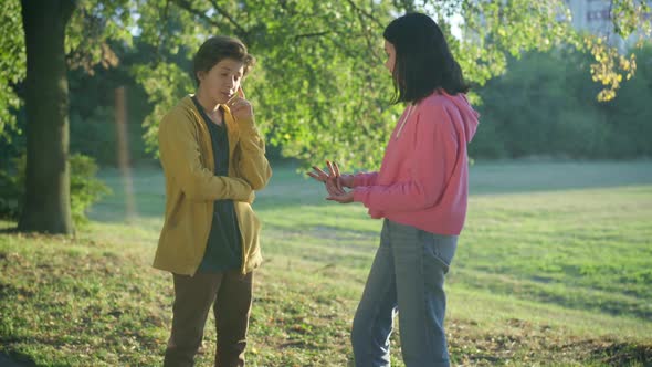 Teenage Couple Arguing Standing in Sunny Summer Park Outdoors