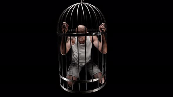 a Person in a Bird’s Cage Is Held Captive, Raises His Head and Looks Into the Camera, Maybe Each