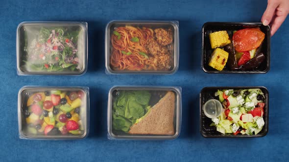 Opening Take Away Meals Top View Food Delivery in Disposable Containers Balanced Nutrition