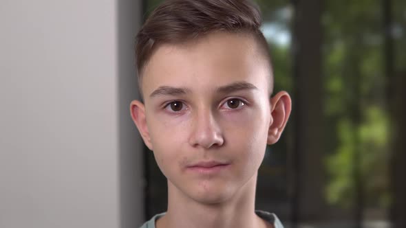 Close Up Face of Attractive European Calm Brownhaired Teenager