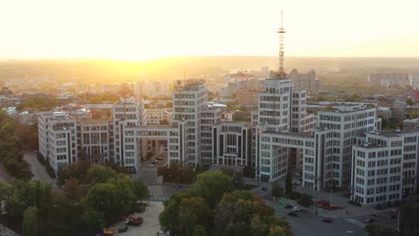 Flying Over Famous and Historical Building Gosprom of State Industry of Kharkov Against Background