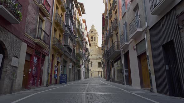 Pamplona, Navarra, Spain. Walking Down the Old Street of Pamplona Old Town. Gimbal Shot