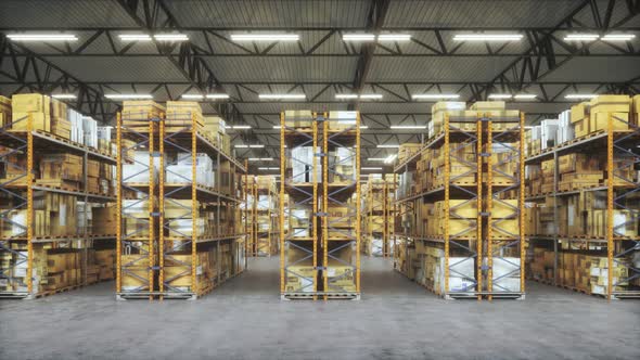 Horizontal camera move in warehouse with rows of shelves