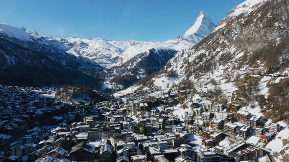 Aerial View on Zermatt Valley and Matterhorn Peak in the Morning