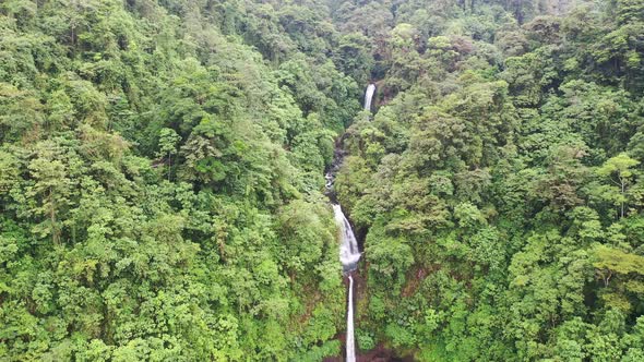 Aerial view of waterfall in lush rainforest